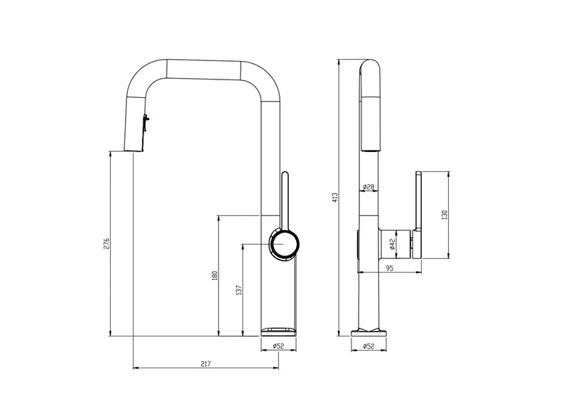 Designer brass kitchen faucet with pull-down sprayer and rotating spout