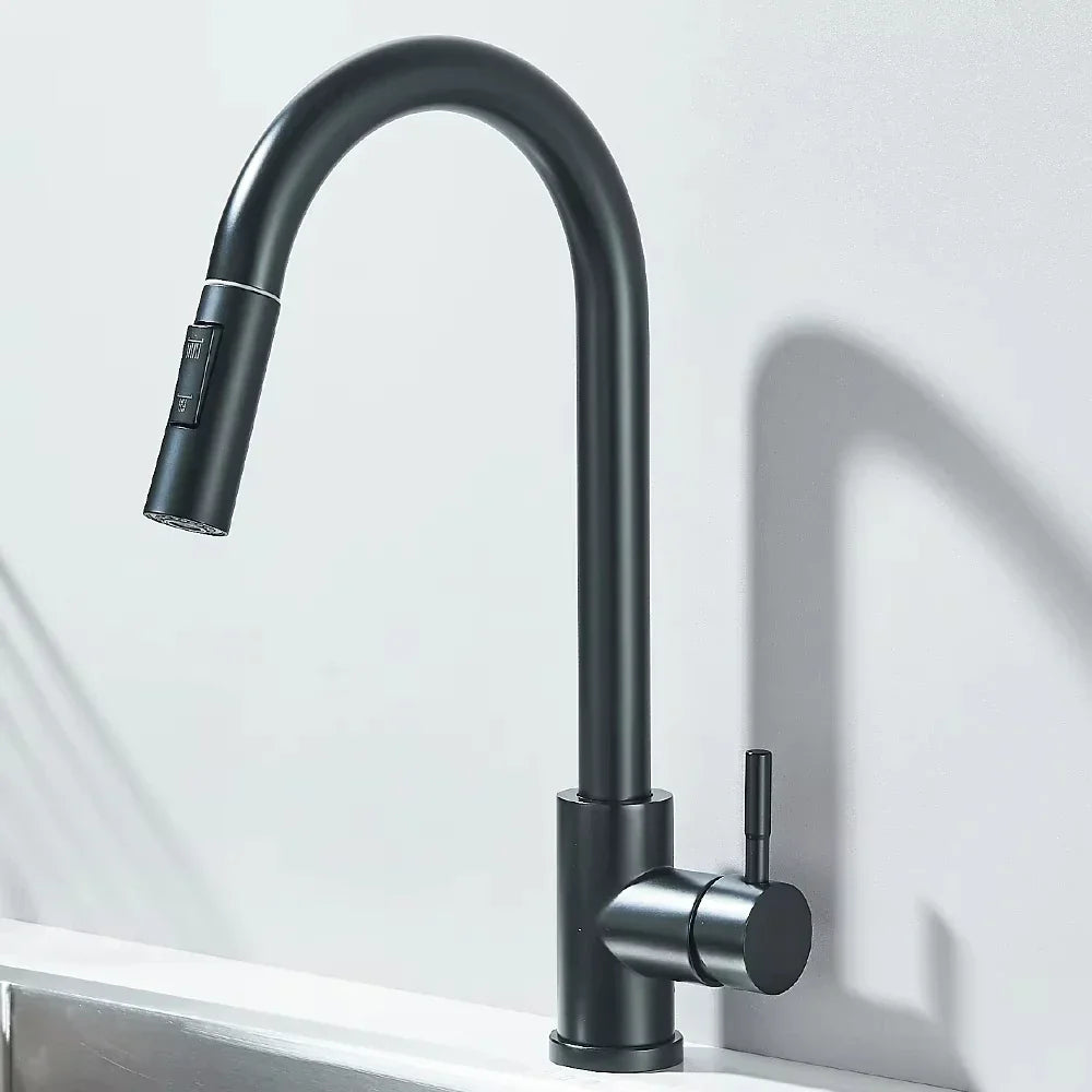 Kitchen faucet with wide spray pull-down head and 360° swivel spout