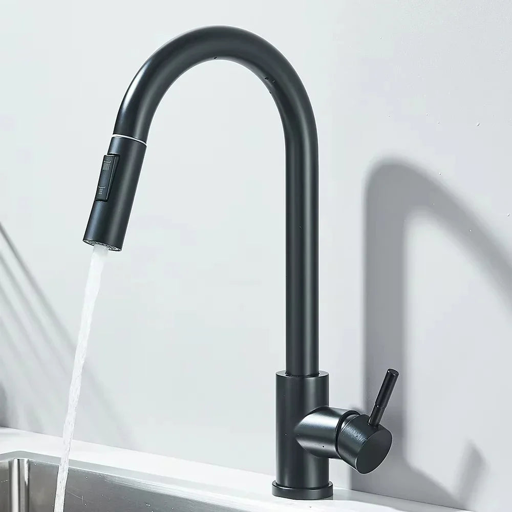 Kitchen faucet with wide spray pull-down head and 360° swivel spout