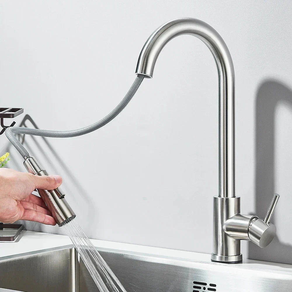 Kitchen faucet with wide spray pull-down head and 360° swivel spout