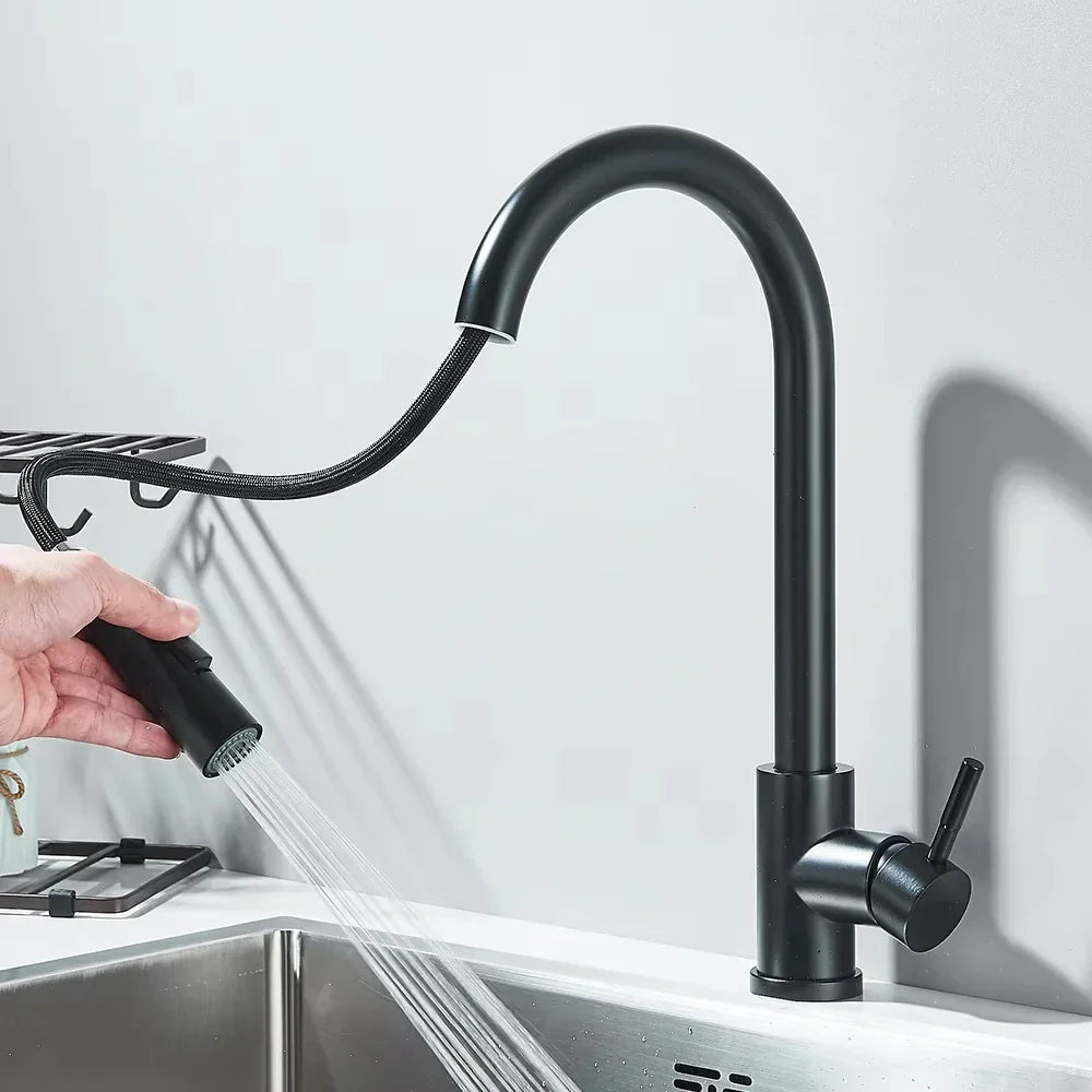 Kitchen faucet with wide spray pull-down head and 360° swivel spout