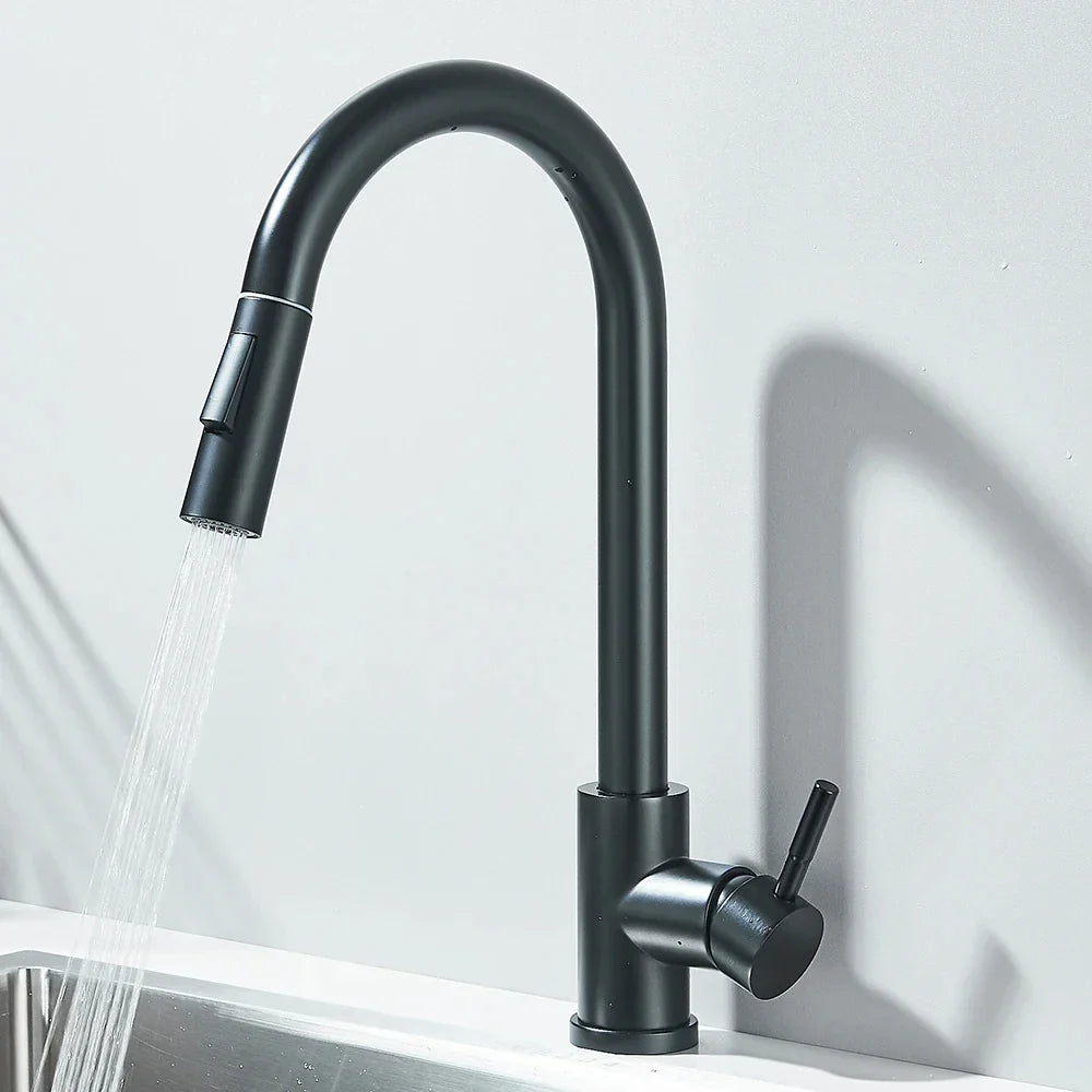 Kitchen faucet with wide spray pull-down head and 360° swivel spout