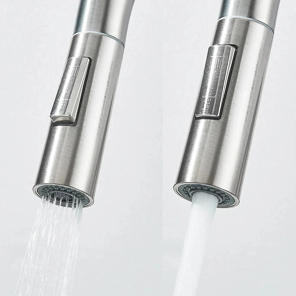 Kitchen faucet with wide spray pull-down head and 360° swivel spout