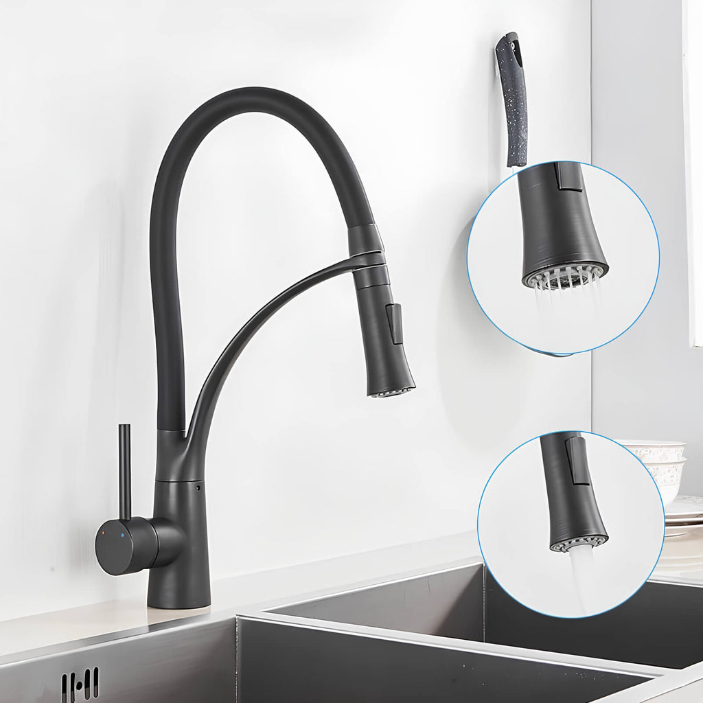 Brass kitchen mixer with pull-down sprayer and 360° swivel spout