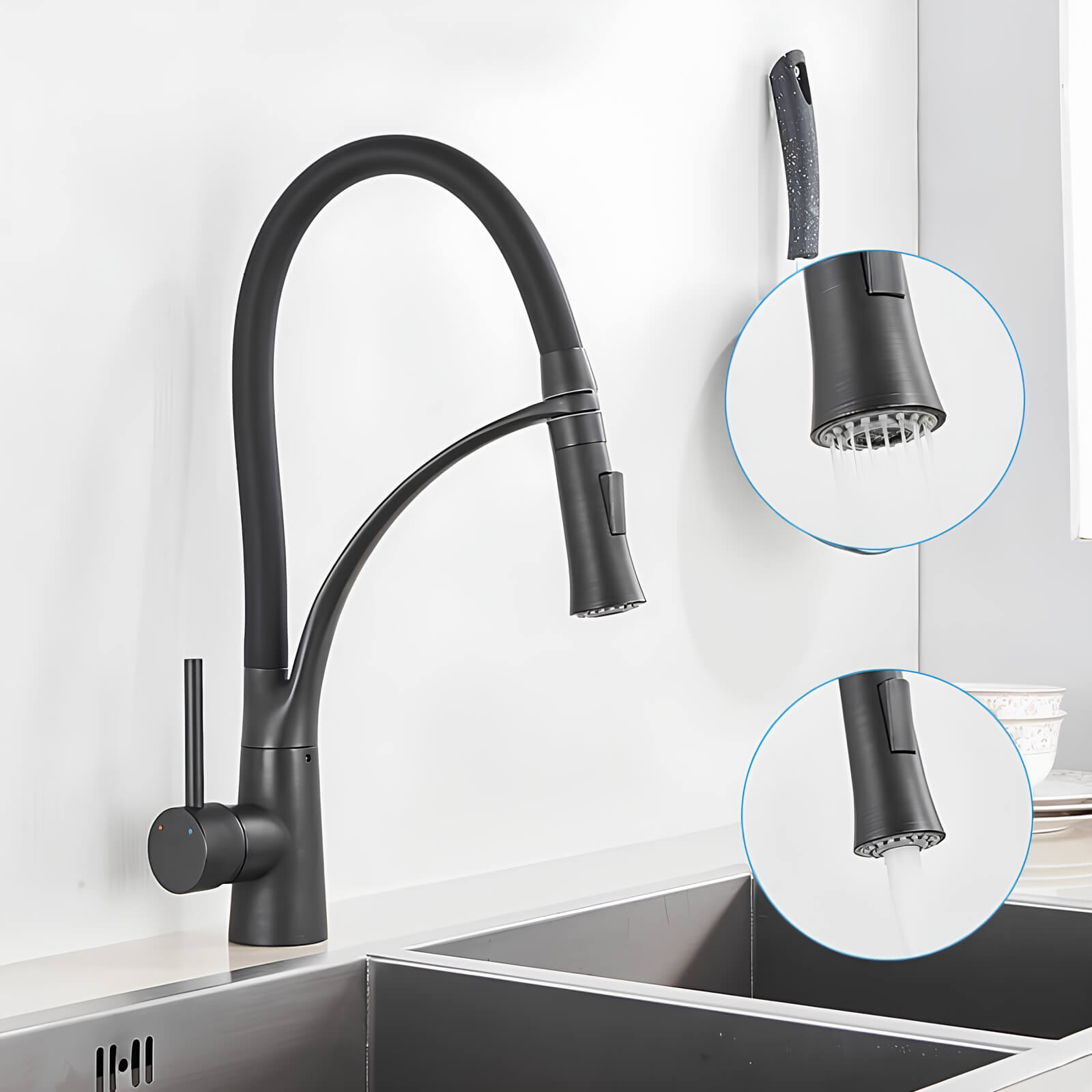 Brass kitchen mixer with pull-down sprayer and 360° swivel spout