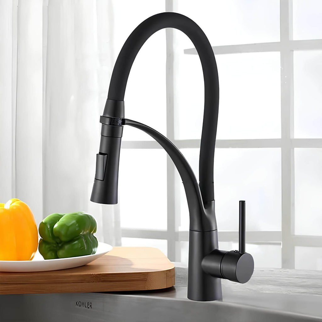 Brass kitchen mixer with pull-down sprayer and 360° swivel spout