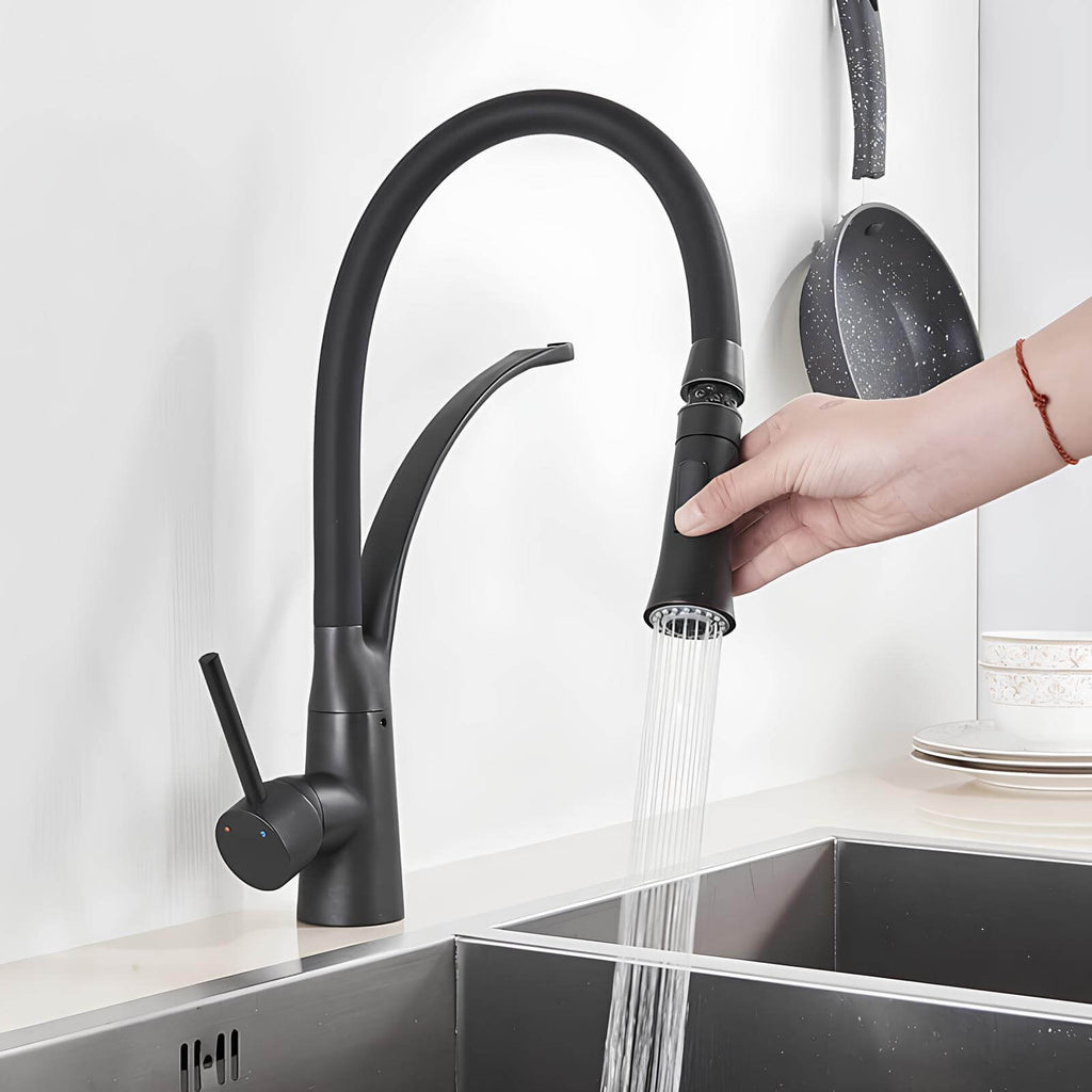 Brass kitchen mixer with pull-down sprayer and 360° swivel spout