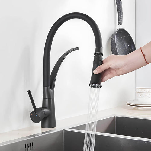 Brass kitchen mixer with pull-down sprayer and 360° swivel spout