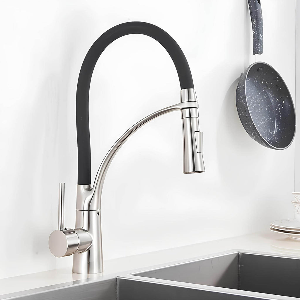 Brass kitchen mixer with pull-down sprayer and 360° swivel spout