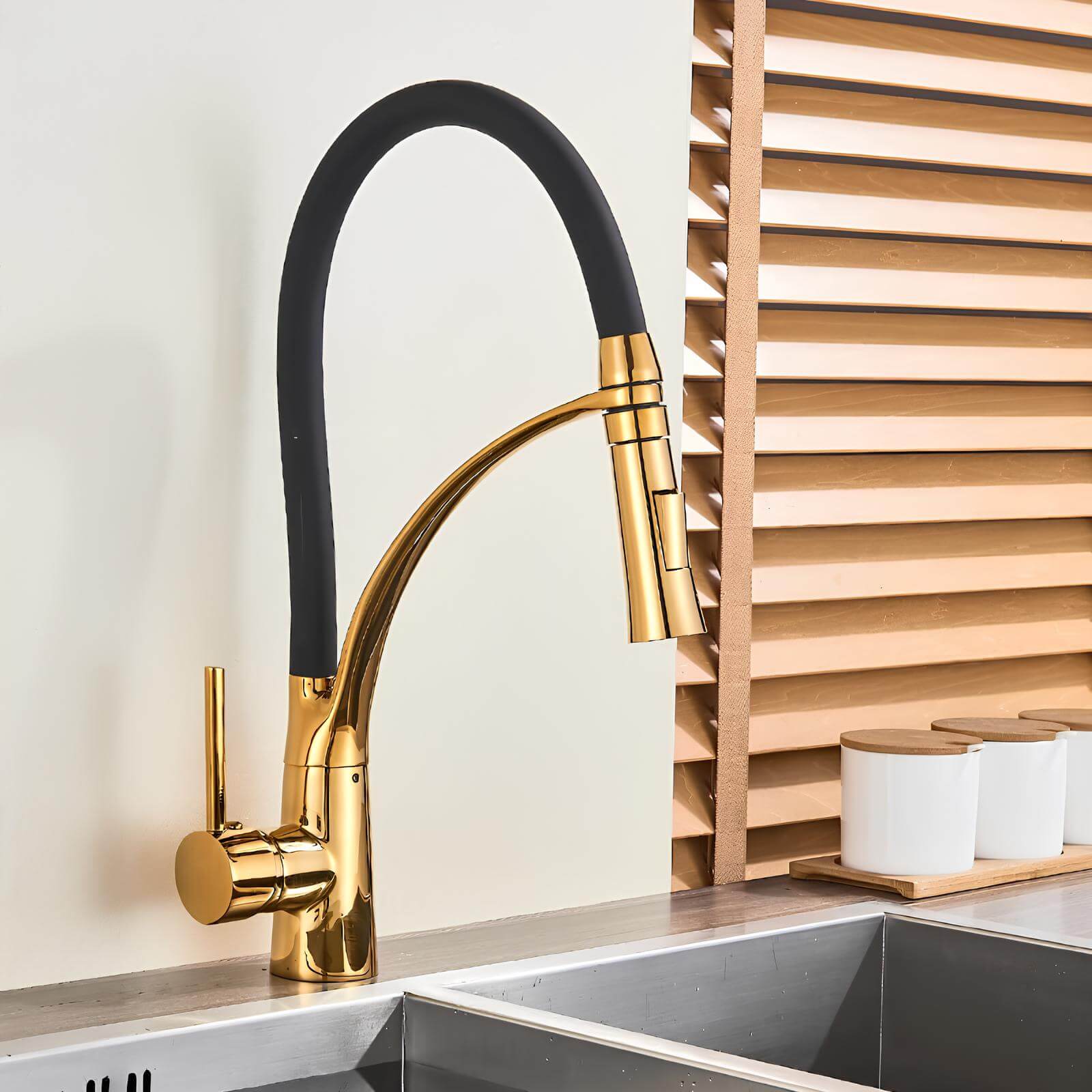 Brass kitchen mixer with pull-down sprayer and 360° swivel spout