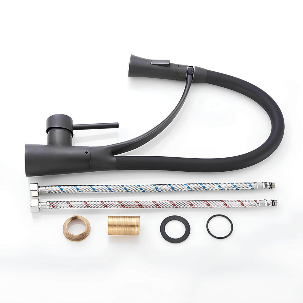 Brass kitchen mixer with pull-down sprayer and 360° swivel spout