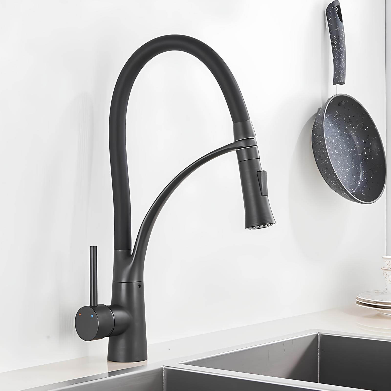 Brass kitchen mixer with pull-down sprayer and 360° swivel spout