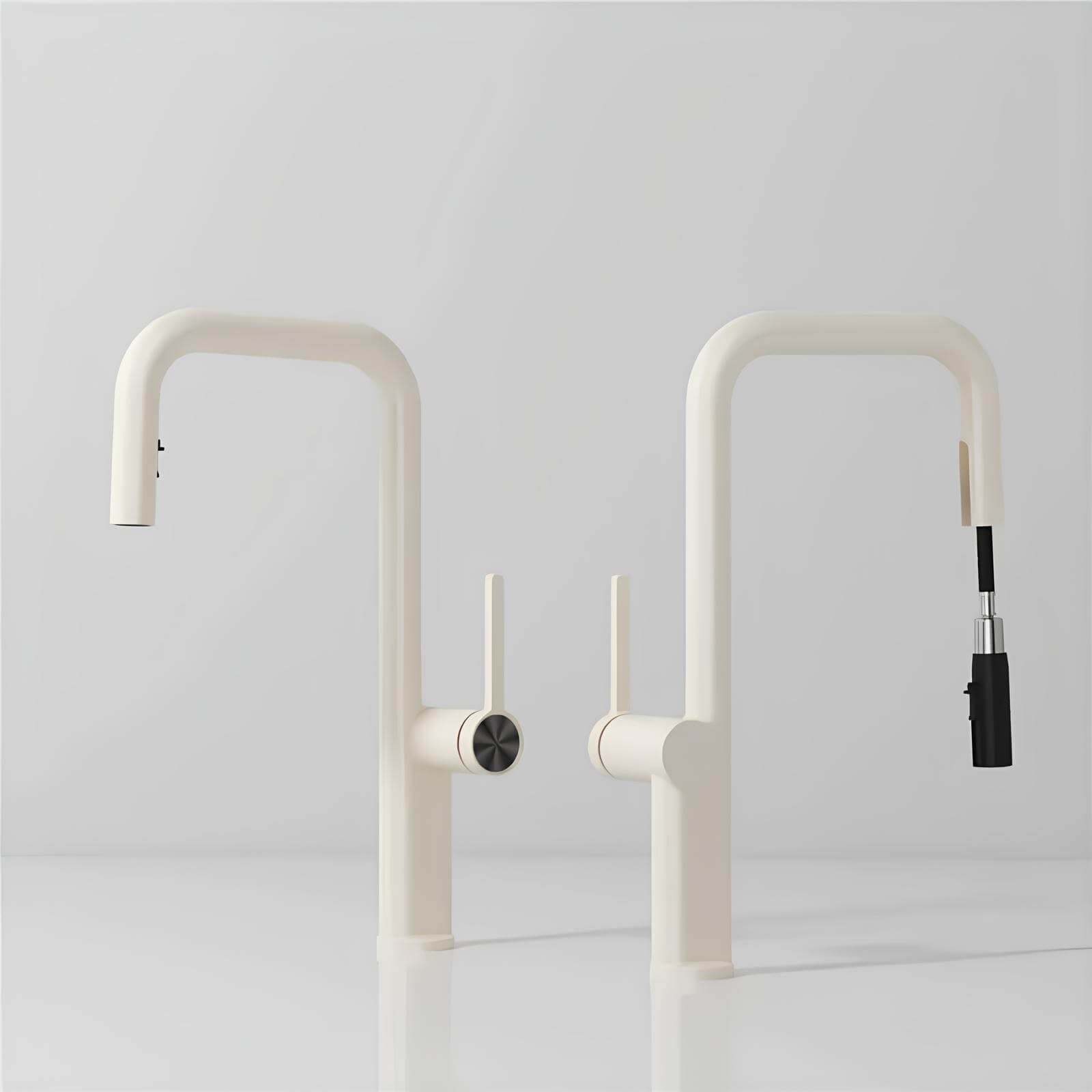 Designer brass kitchen faucet with pull-down sprayer and rotating spout