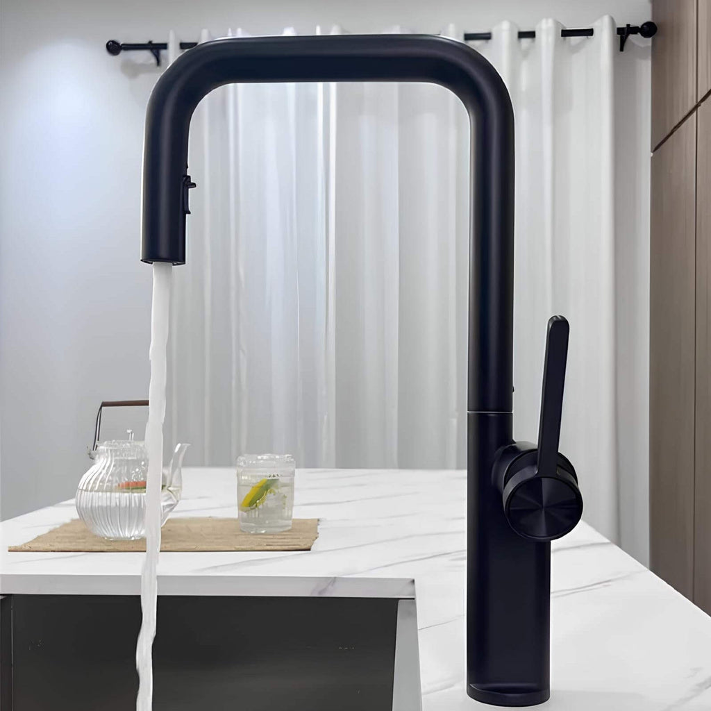 Designer brass kitchen faucet with pull-down sprayer and rotating spout