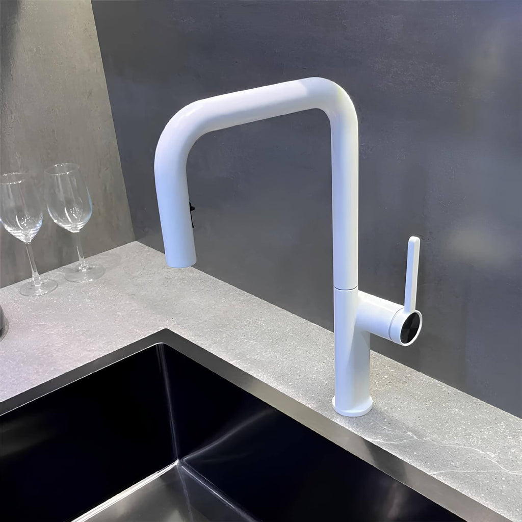 Designer brass kitchen faucet with pull-down sprayer and rotating spout