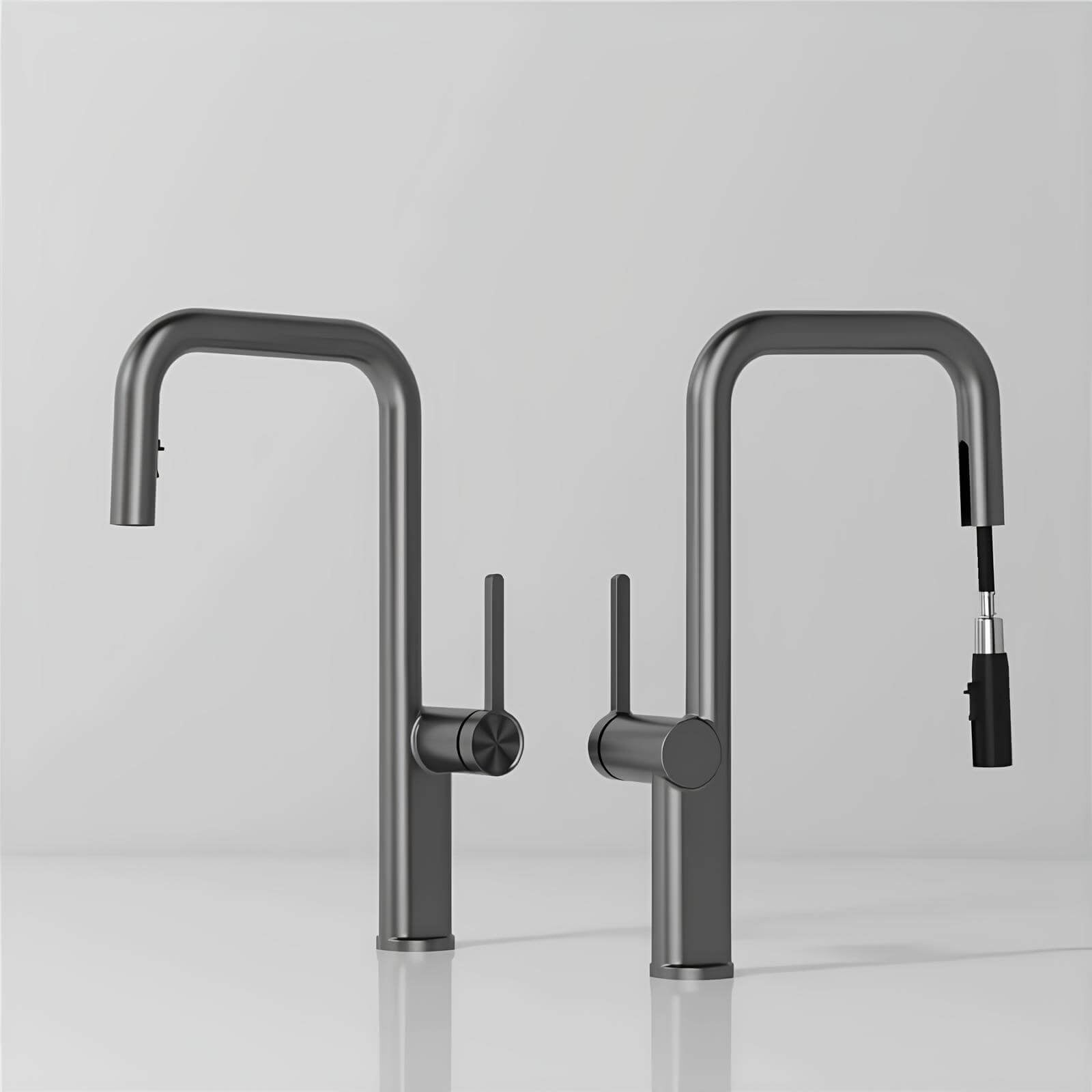 Designer brass kitchen faucet with pull-down sprayer and rotating spout