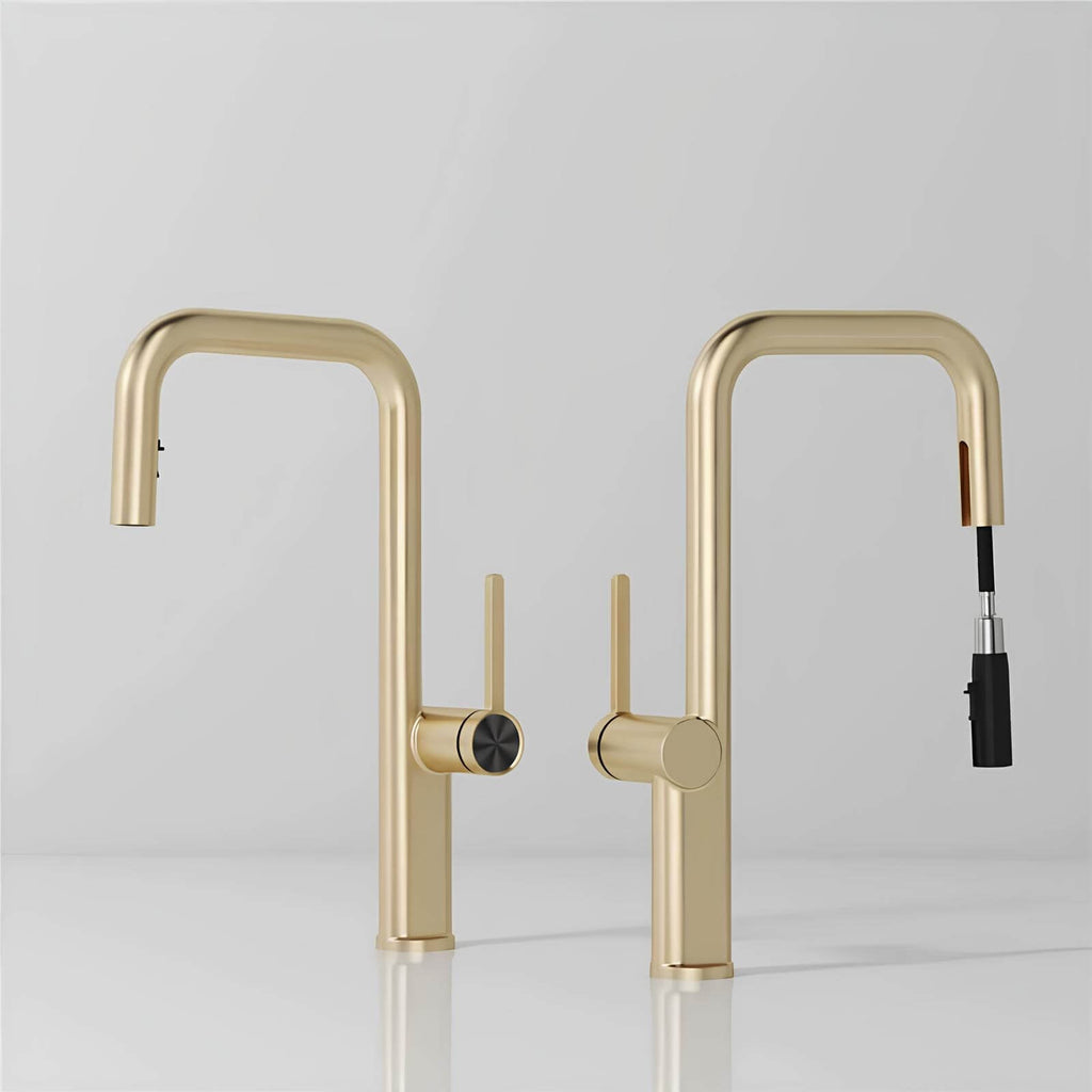 Designer brass kitchen faucet with pull-down sprayer and rotating spout