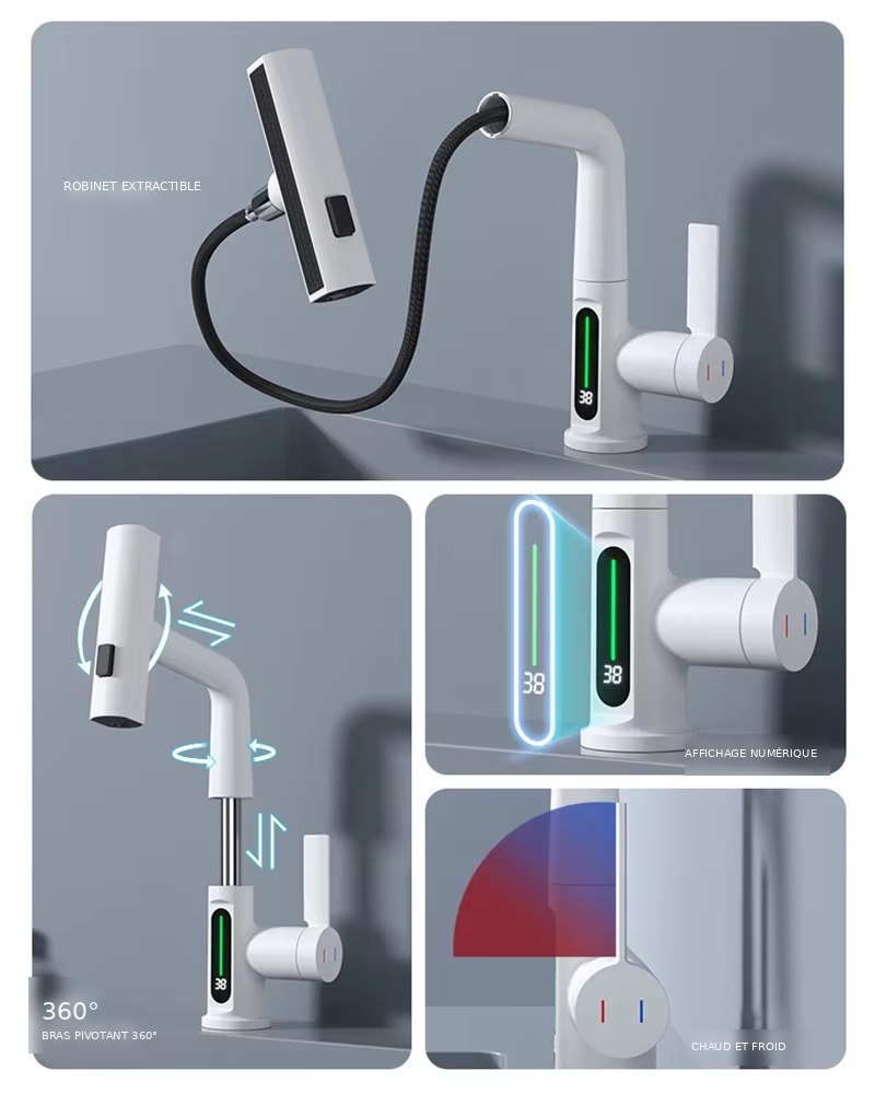 Digital display kitchen faucet with pull-down sprayer and LED temperature screen