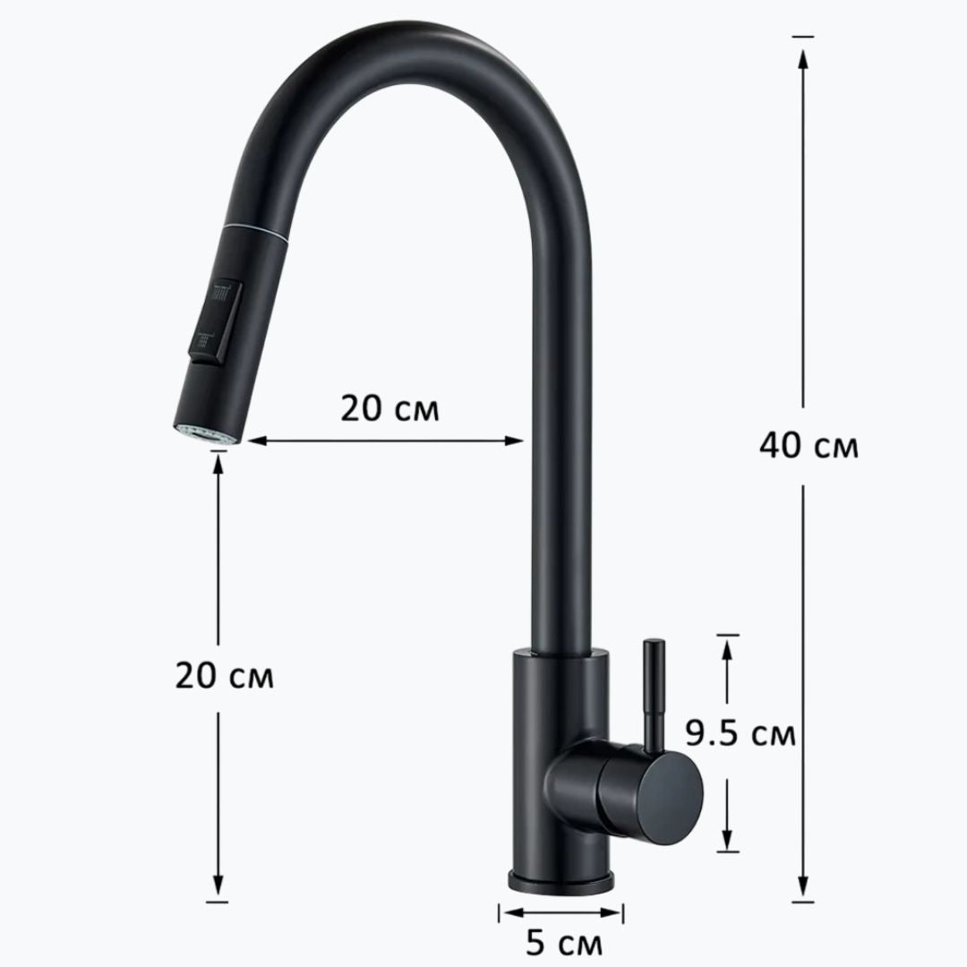 Kitchen faucet with wide spray pull-down head and 360° swivel spout