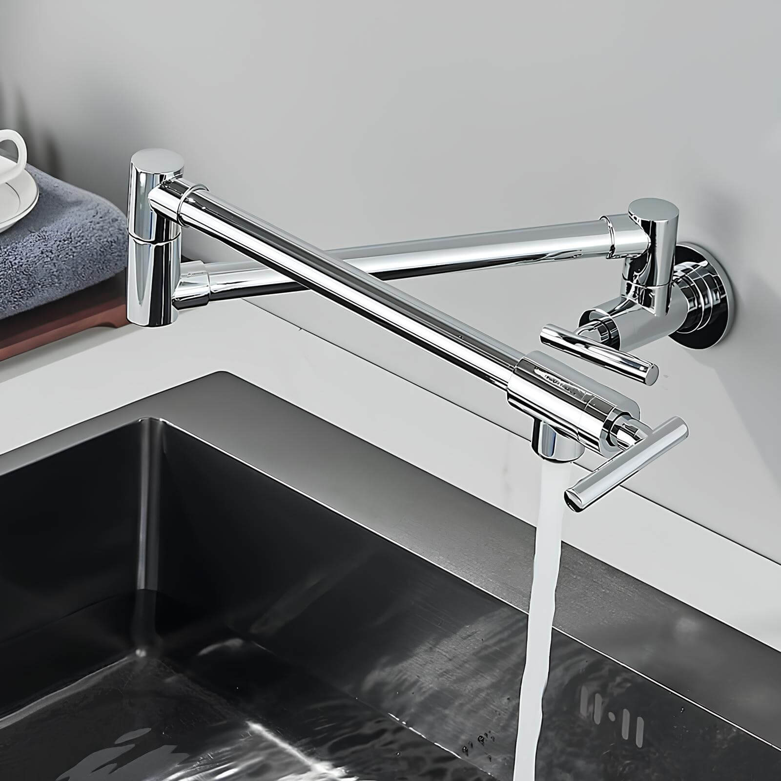 Wall-mount folding brass cold water kitchen faucet with 360° rotation