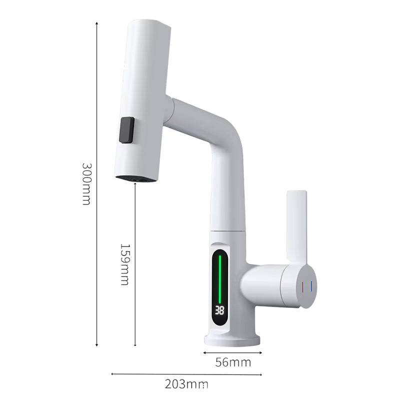Digital display kitchen faucet with pull-down sprayer and LED temperature screen