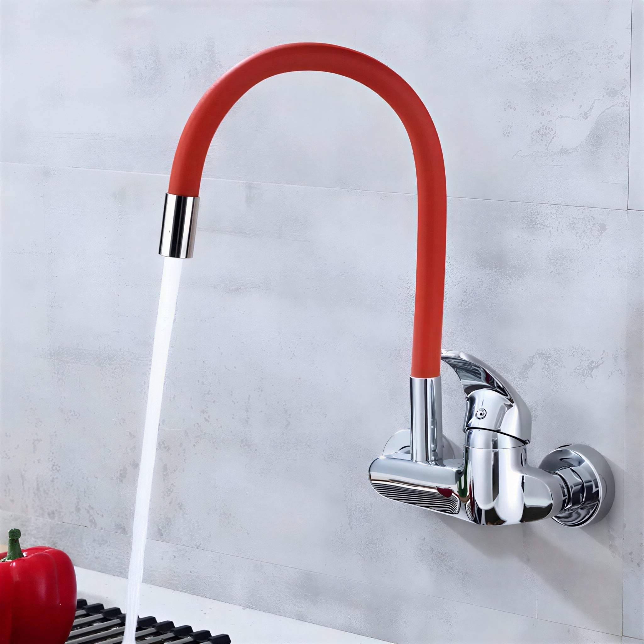 Wall-mount kitchen mixer with flexible 360° swivel spout