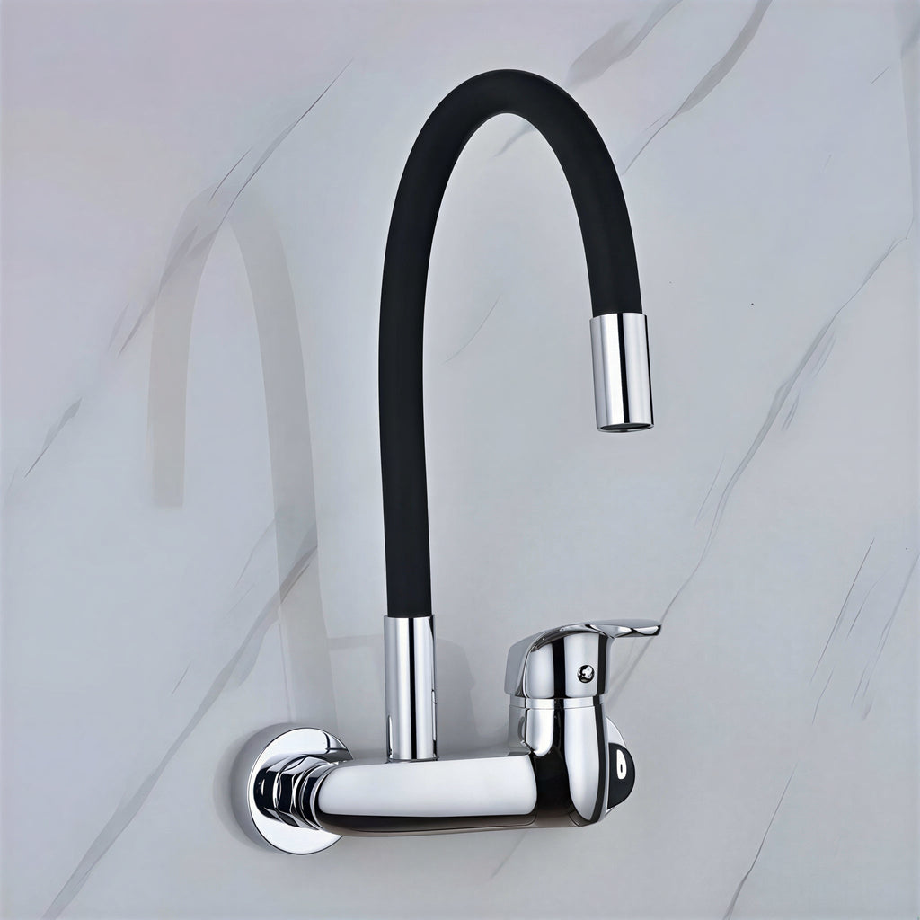 Wall-mount kitchen mixer with flexible 360° swivel spout