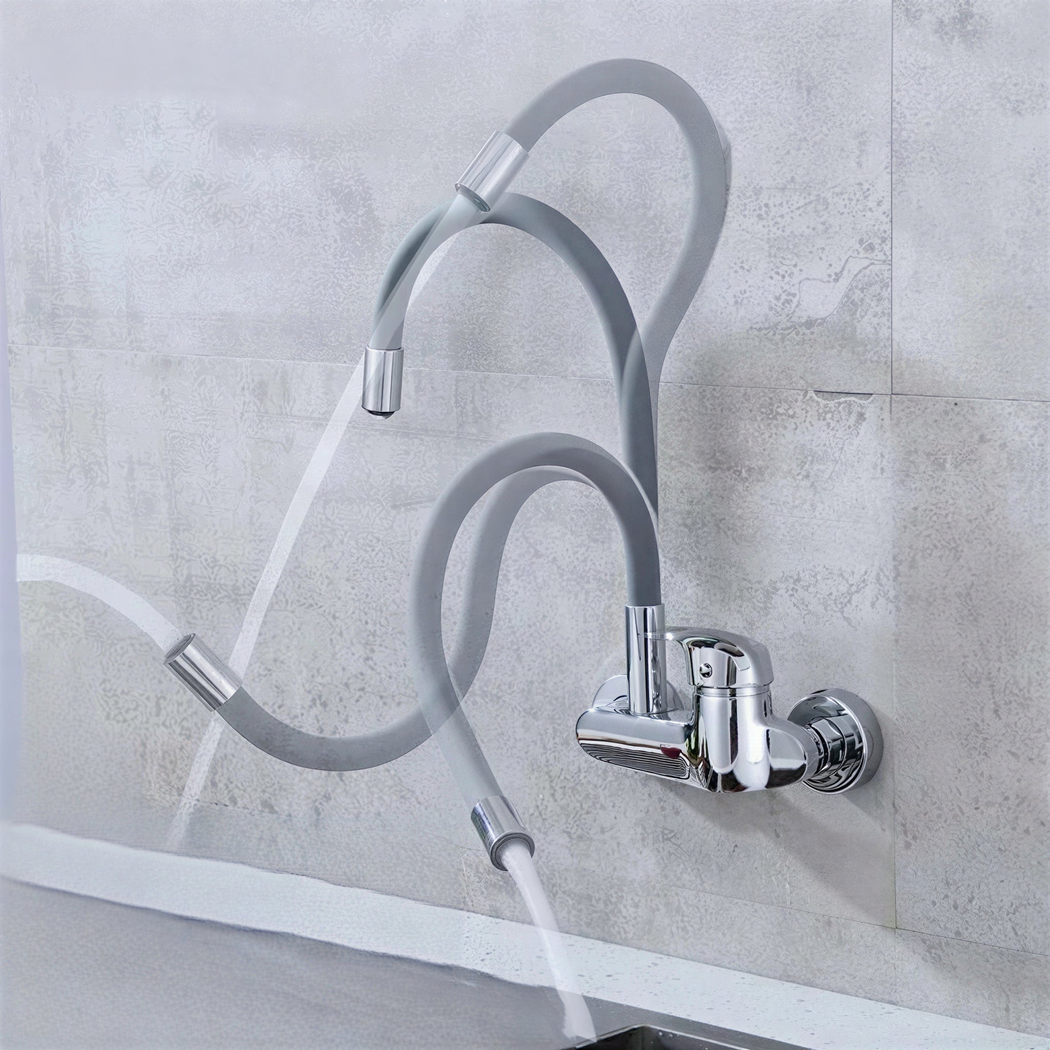 Wall-mount kitchen mixer with flexible 360° swivel spout