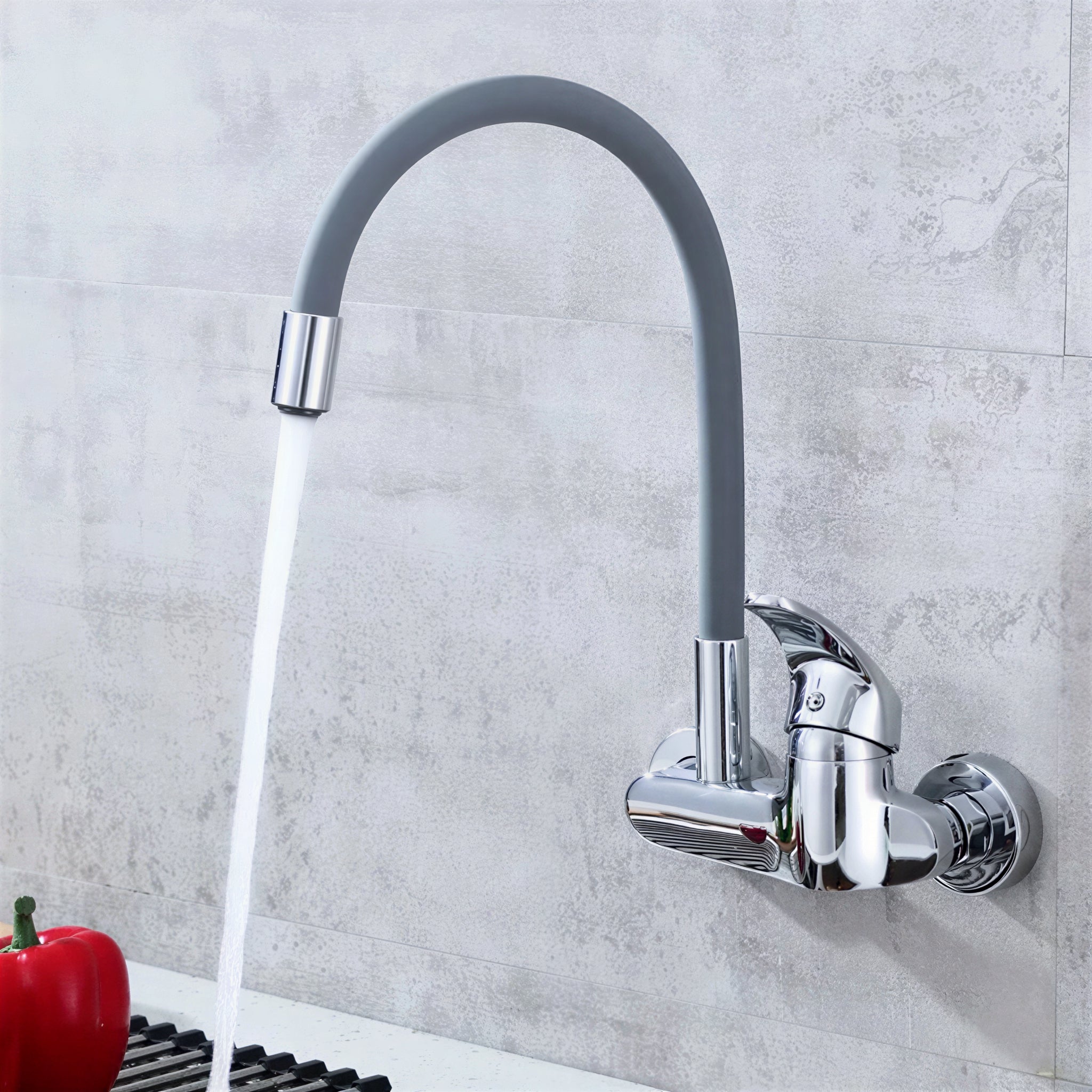 Wall-mount kitchen mixer with flexible 360° swivel spout