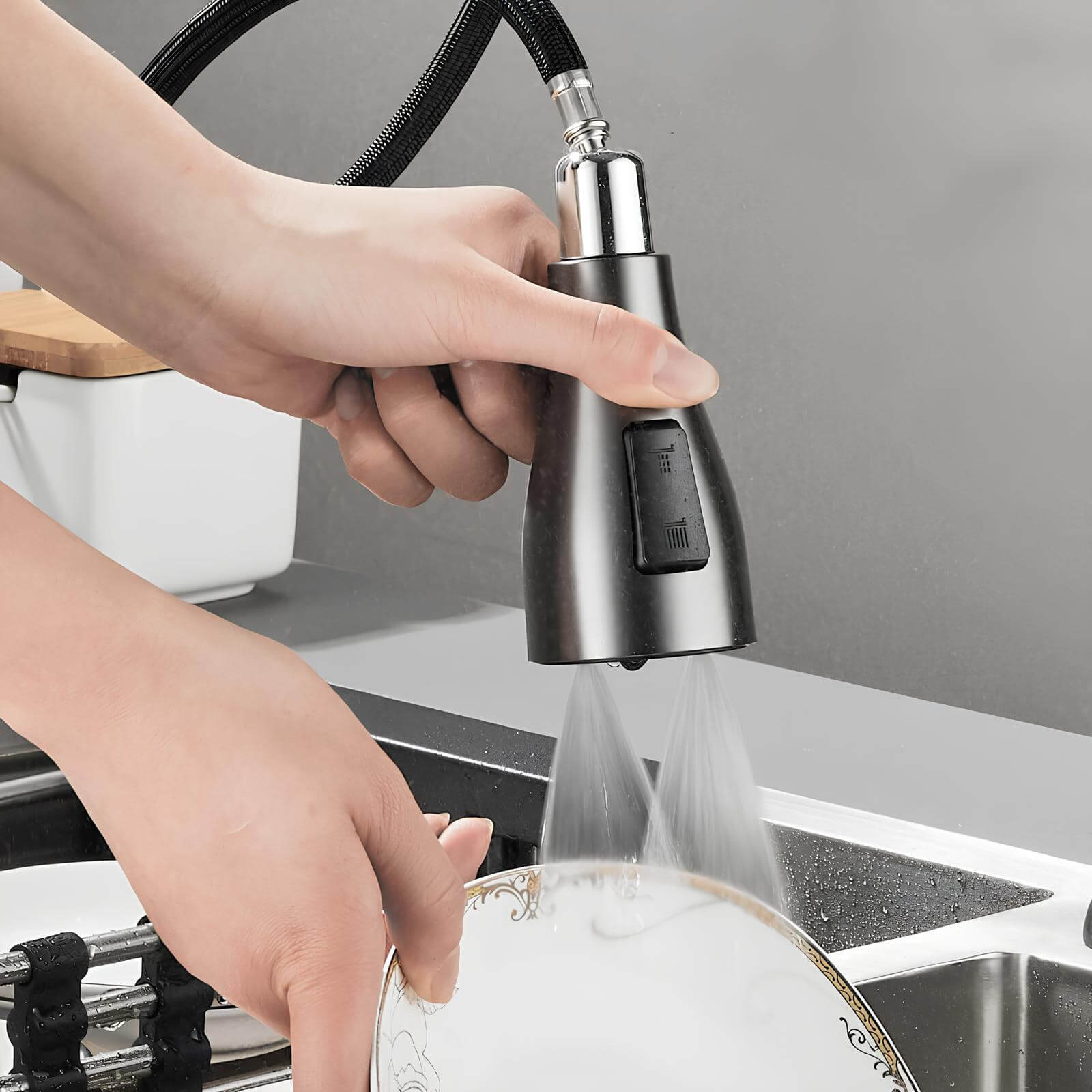 Kitchen faucet with retractable spout and hidden pull-out sprayer