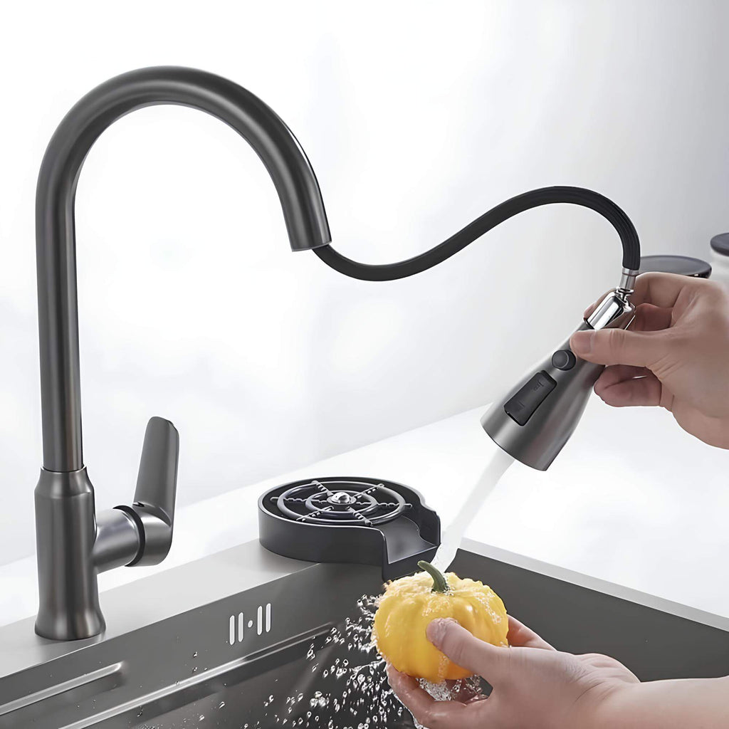 Kitchen faucet with retractable spout and hidden pull-out sprayer