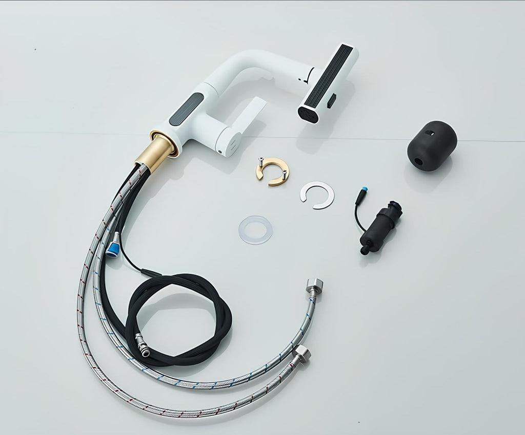 Digital display kitchen faucet with pull-down sprayer and LED temperature screen