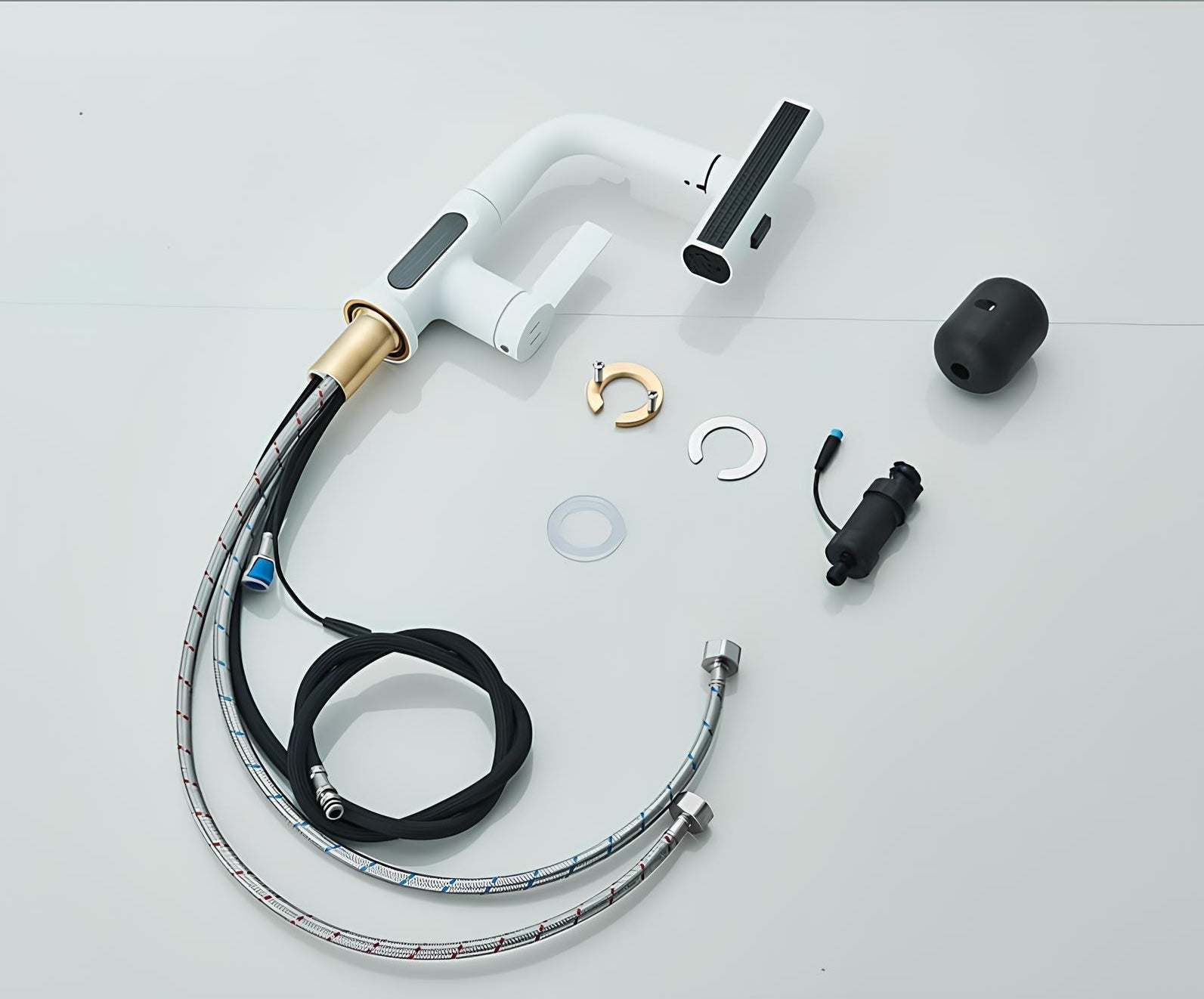 Digital display kitchen faucet with pull-down sprayer and LED temperature screen