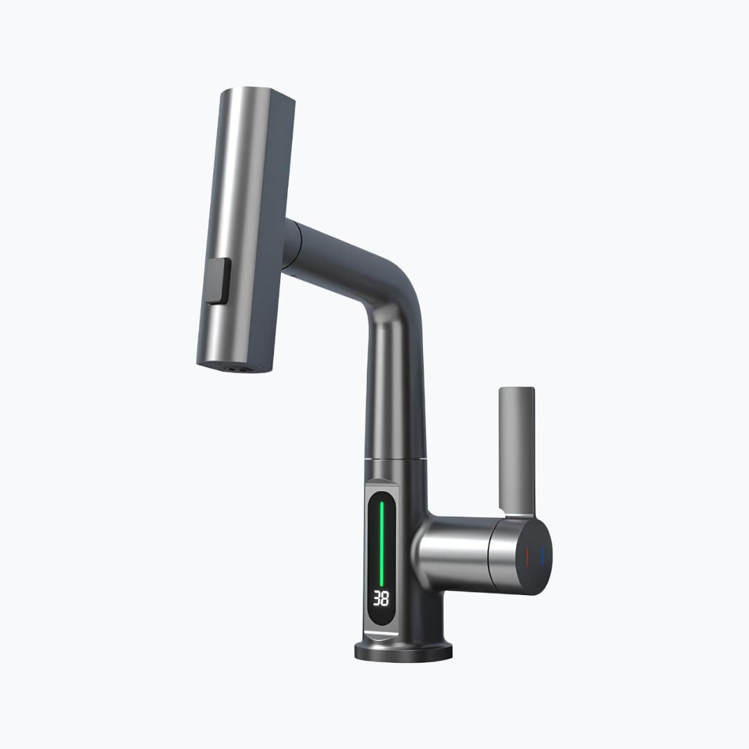 Digital display kitchen faucet with pull-down sprayer and LED temperature screen