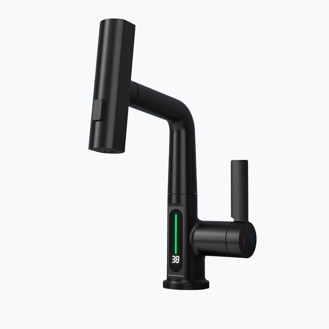 Digital display kitchen faucet with pull-down sprayer and LED temperature screen