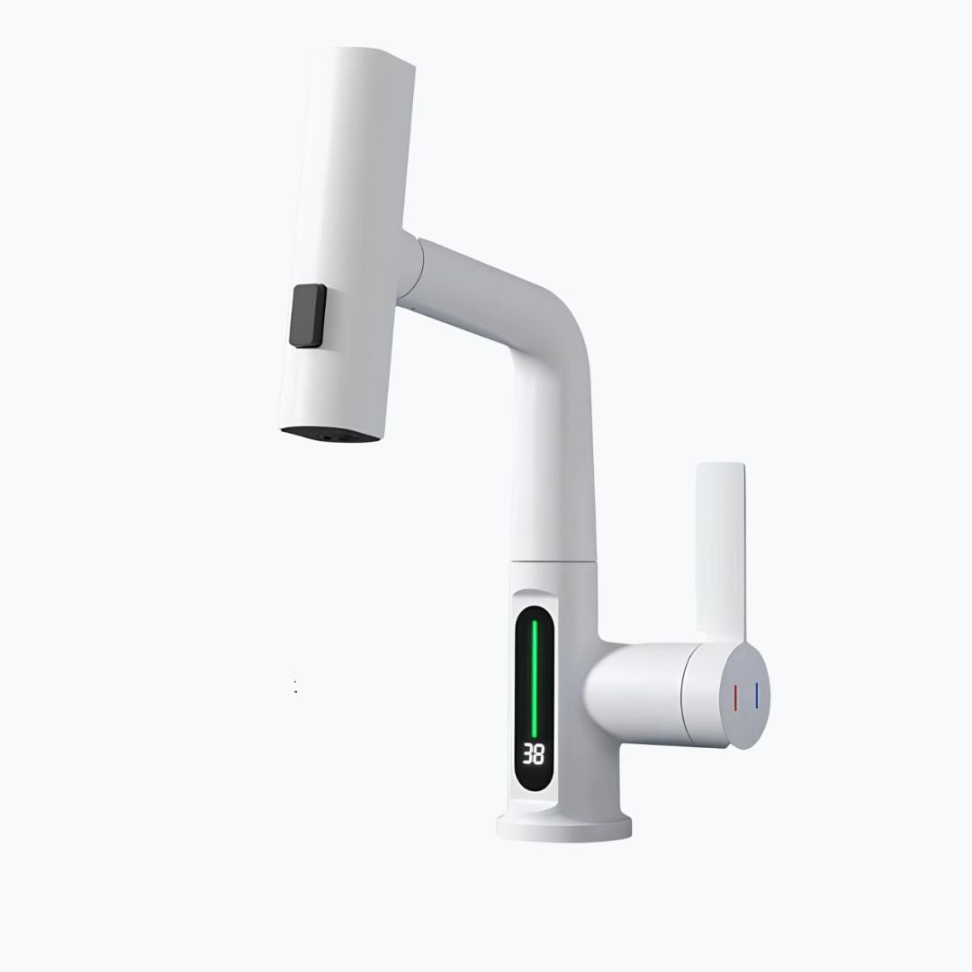 Digital display kitchen faucet with pull-down sprayer and LED temperature screen