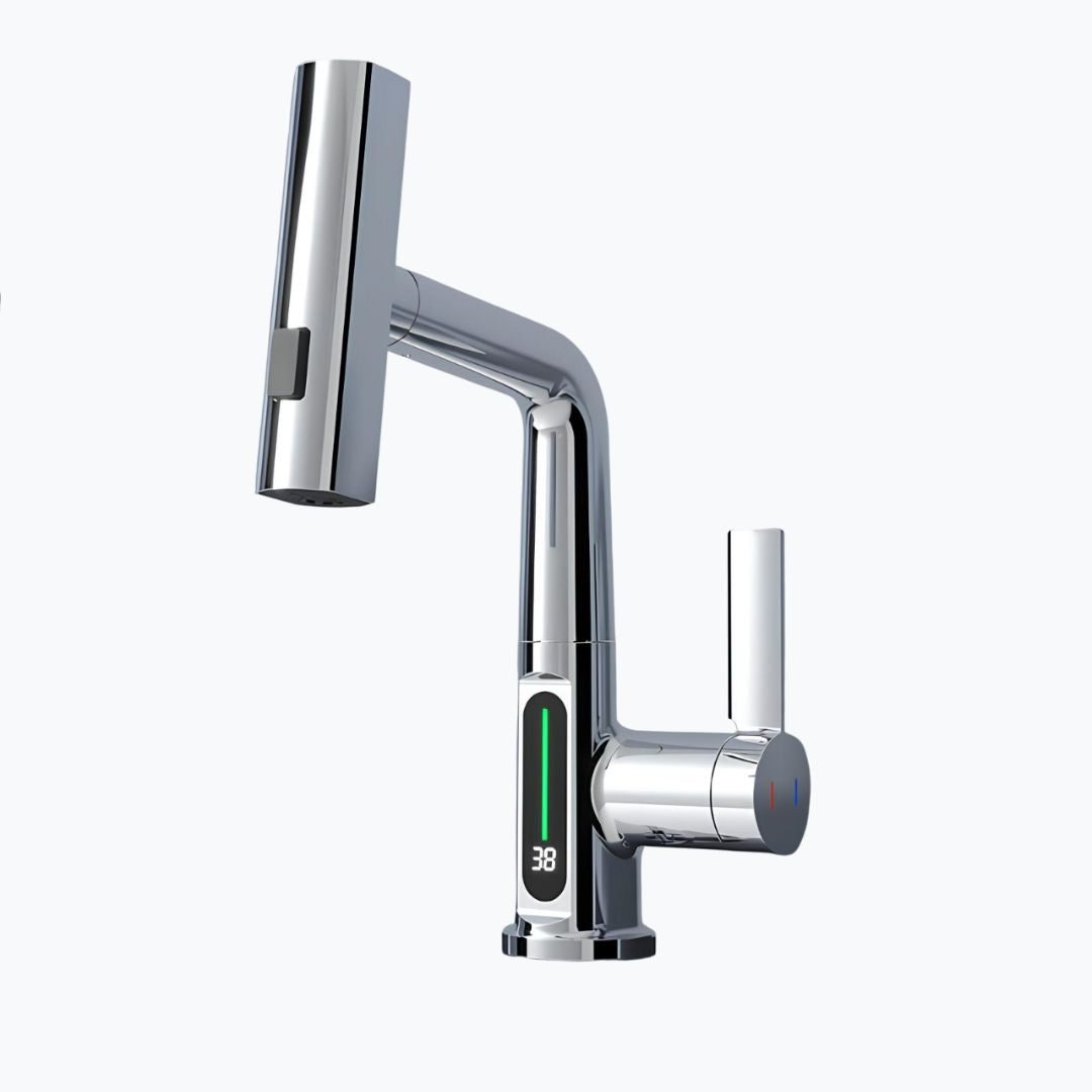 Digital display kitchen faucet with pull-down sprayer and LED temperature screen