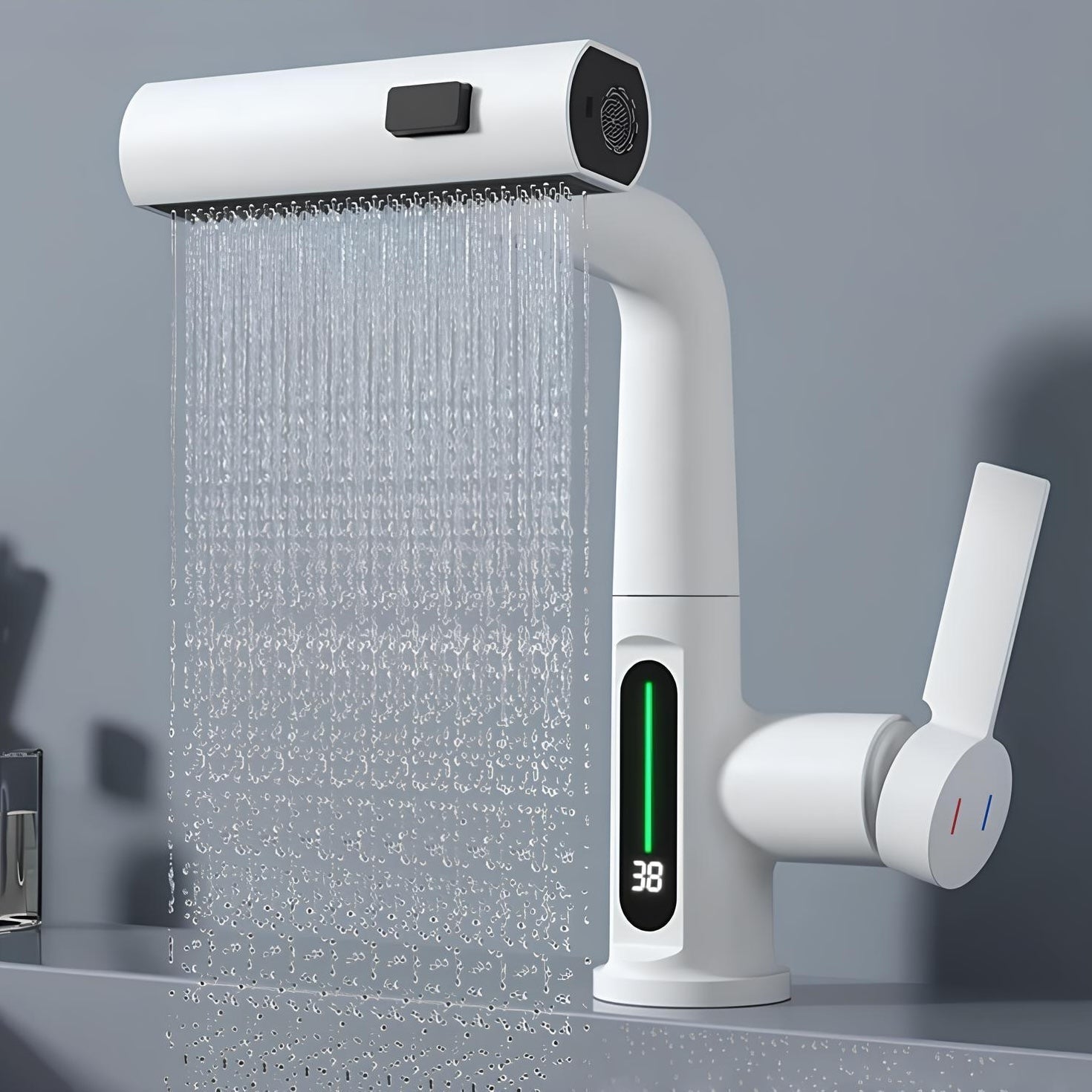 Digital display kitchen faucet with pull-down sprayer and LED temperature screen