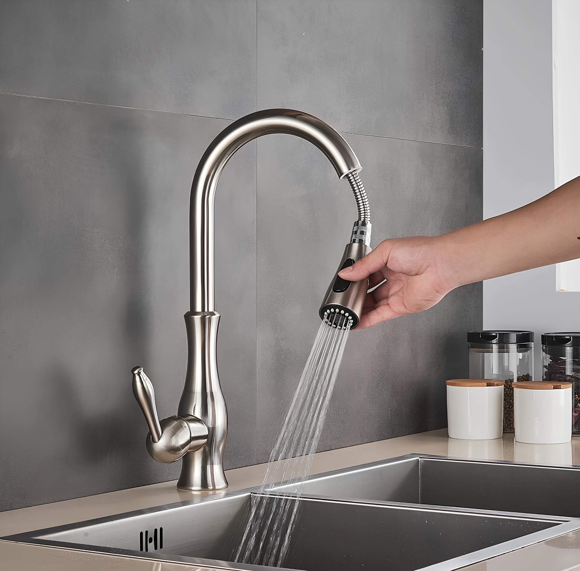 Kitchen sink faucet with pull-down sprayer and 360 degree swivel spout