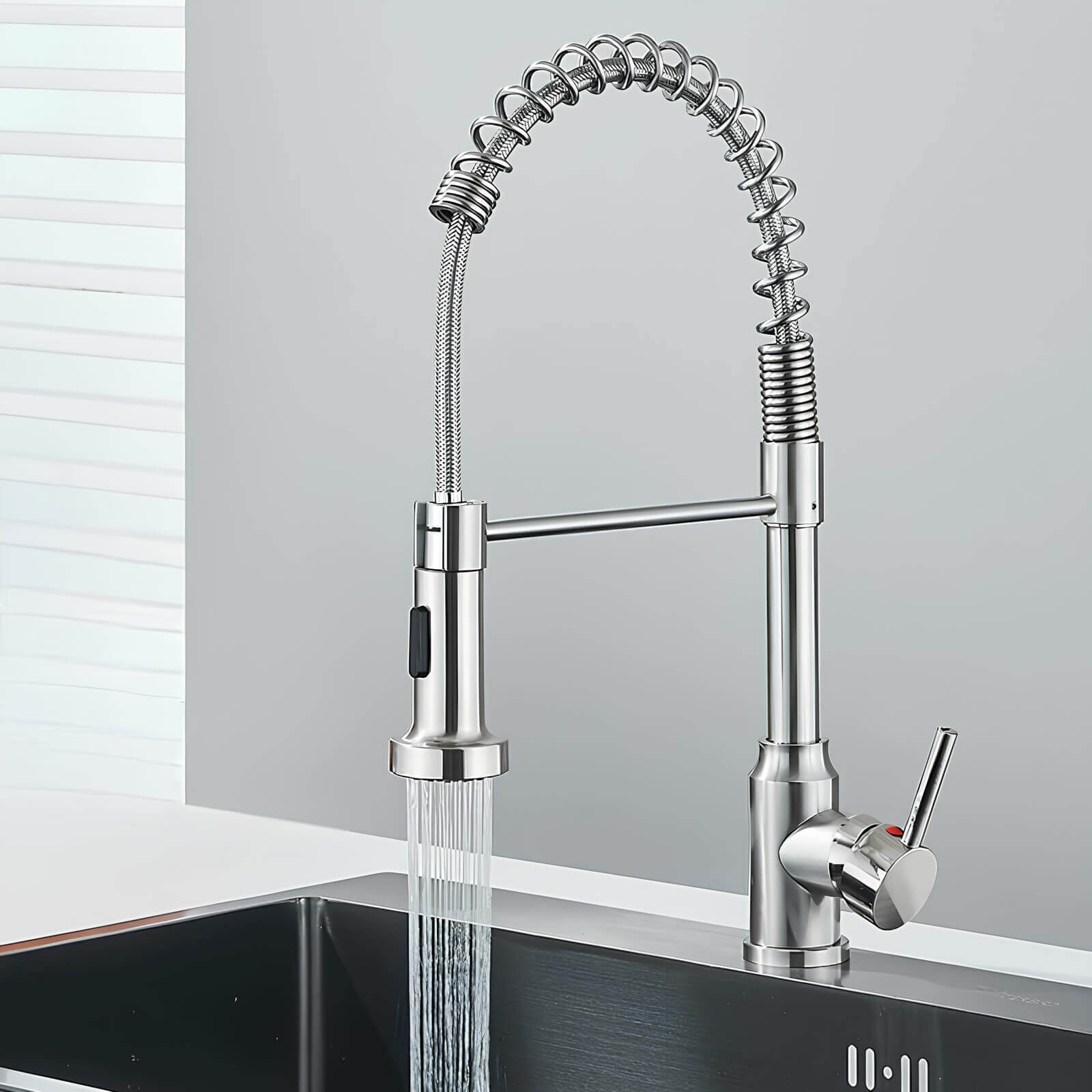 Commercial spring kitchen faucet with tall spout and pull-down sprayer