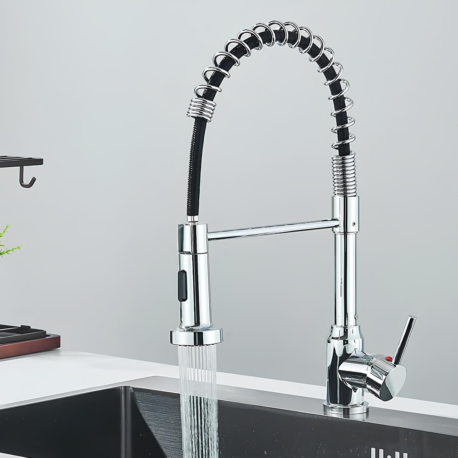 Commercial spring kitchen faucet with tall spout and pull-down sprayer