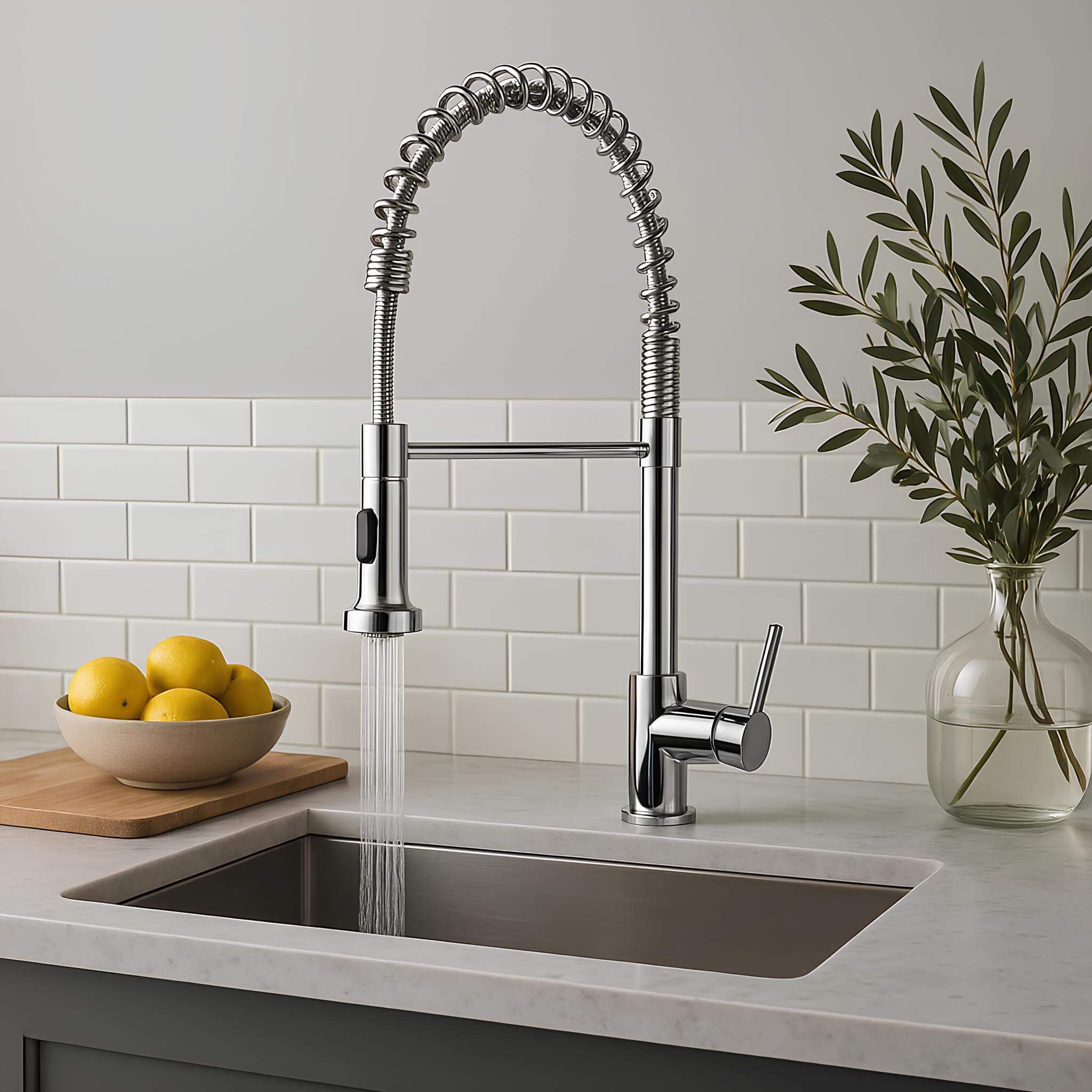 Commercial spring kitchen faucet with tall spout and pull-down sprayer