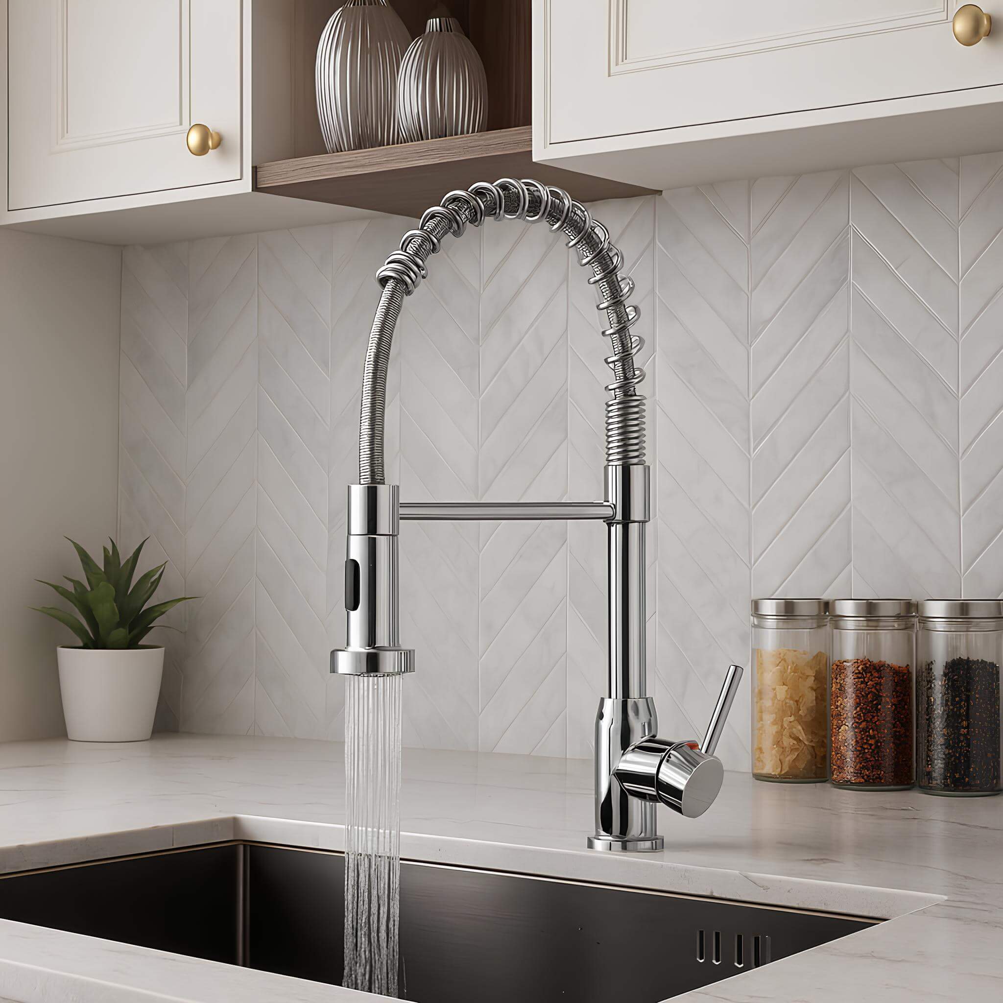 Commercial spring kitchen faucet with tall spout and pull-down sprayer