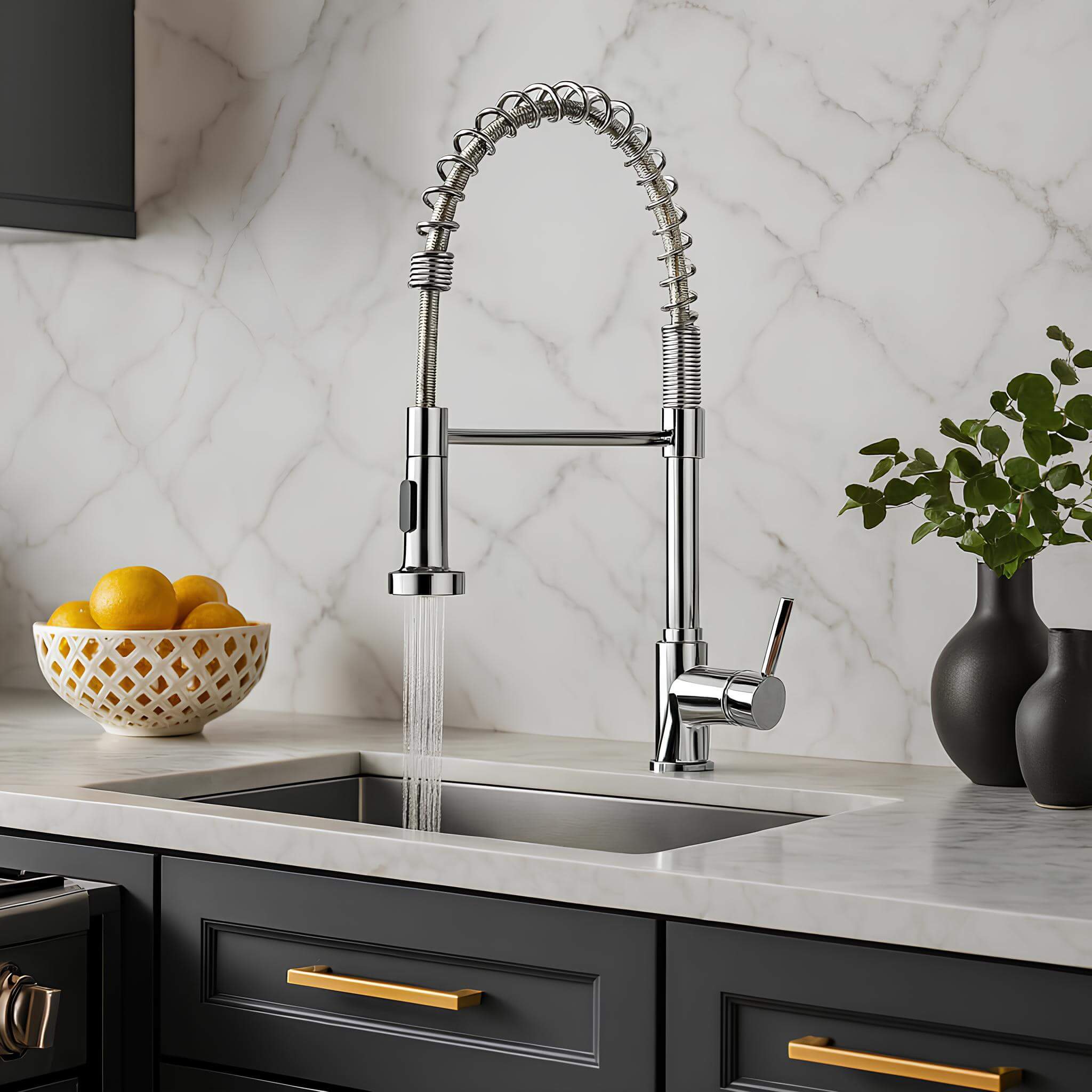Commercial spring kitchen faucet with tall spout and pull-down sprayer