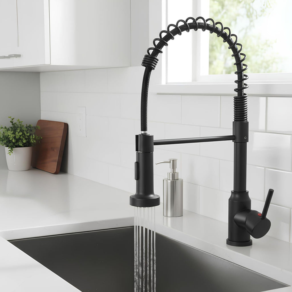 Commercial spring kitchen faucet with tall spout and pull-down sprayer