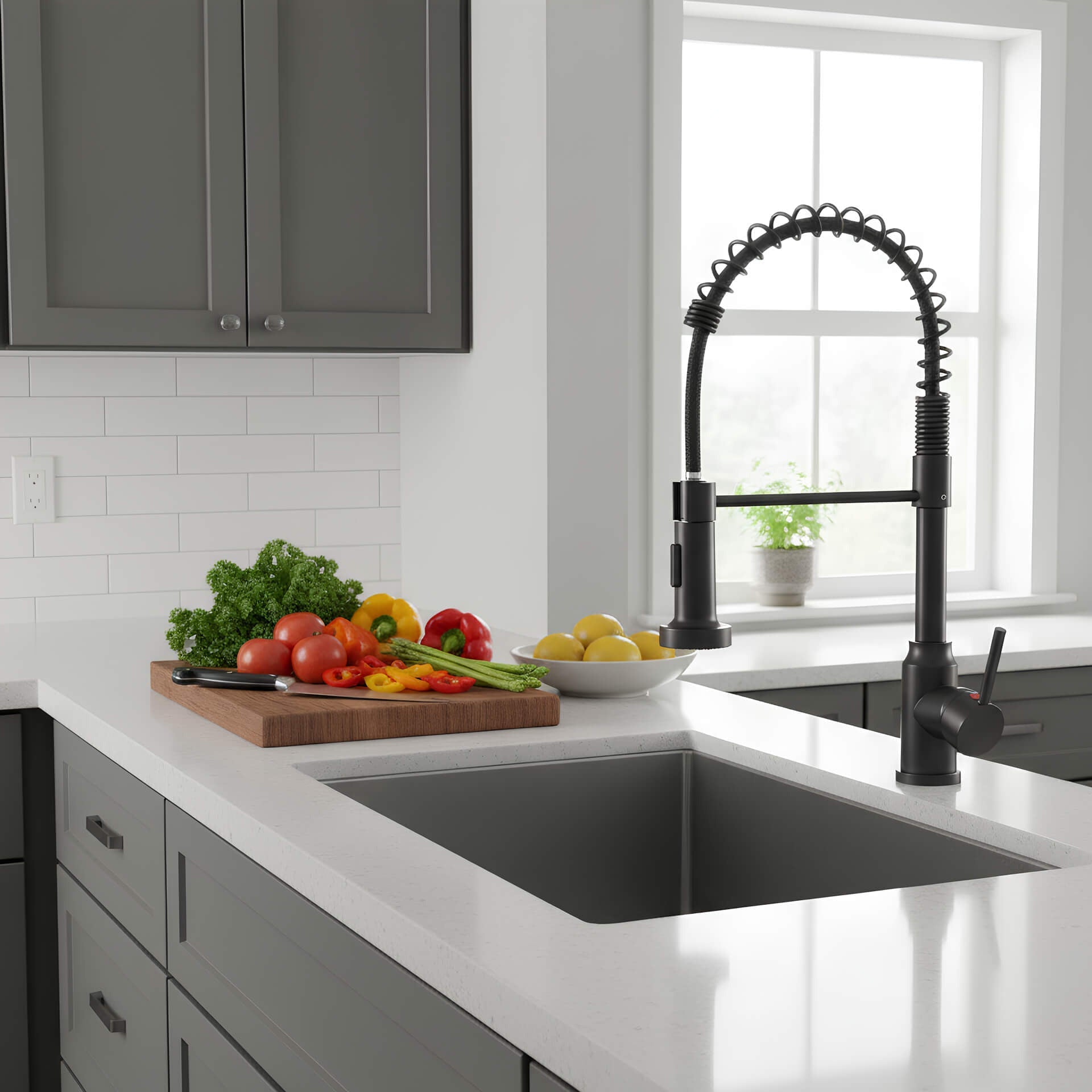 Commercial spring kitchen faucet with tall spout and pull-down sprayer
