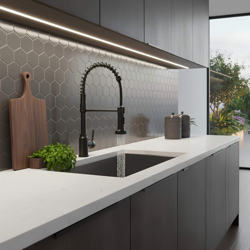 Commercial spring kitchen faucet with tall spout and pull-down sprayer