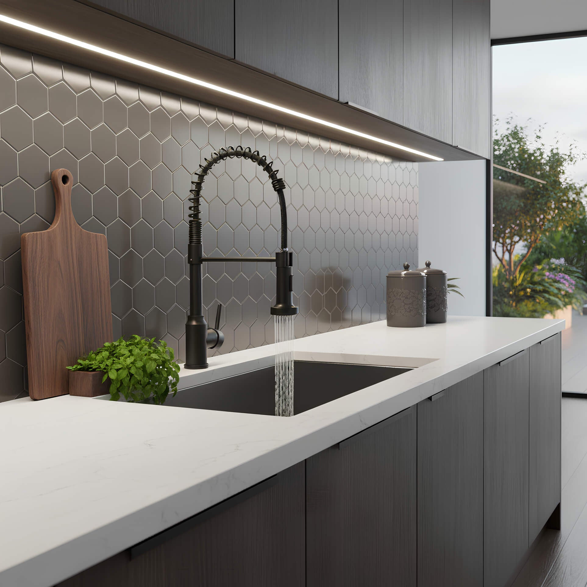 Commercial spring kitchen faucet with tall spout and pull-down sprayer