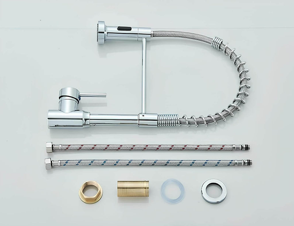 Commercial spring kitchen faucet with tall spout and pull-down sprayer