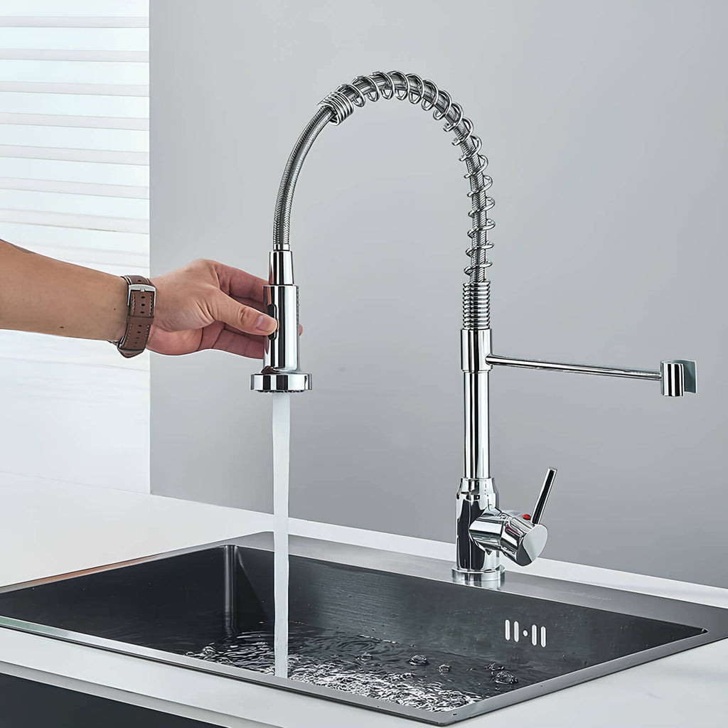Commercial spring kitchen faucet with tall spout and pull-down sprayer